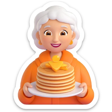 3D smiley emoji, round shape, grandmother with pancakes, orange color, smiling face sticker