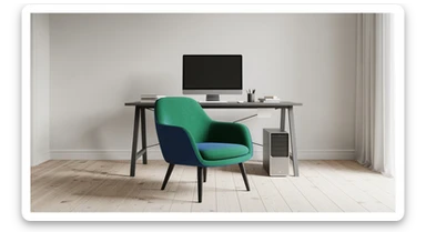 Editorial shot, Make this chair next to desk with mac setup, wooden modern floor, minimalistic room, contrast chair to wall, chair standing front to camera, soft bright light in room sticker