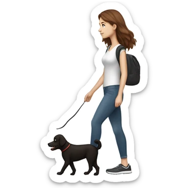 white girl with brown hair walking her black dog in the park while using her iPhone sticker