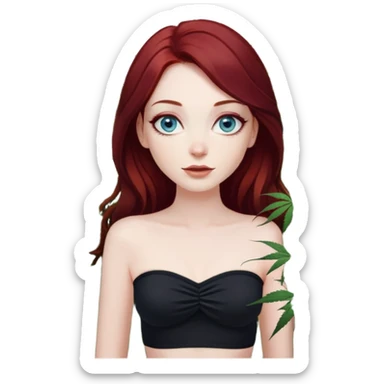 девушка в черном бандо топе с длинными темно рыжими волосами серо голубыми глазами нарощенными ресницами с ровным пробором стоит среди кустов конопли которые окружают ее sticker