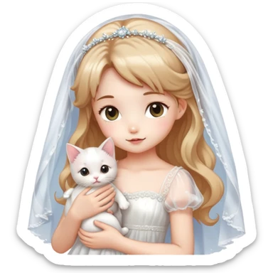 Very dreamy-beautiful-fashionable and elegant-wearing a wedding dress-wearing a veil-girl-holding a kitten-shiny-lady-soft style-kawaii-beautiful-hair-fairy style- sticker