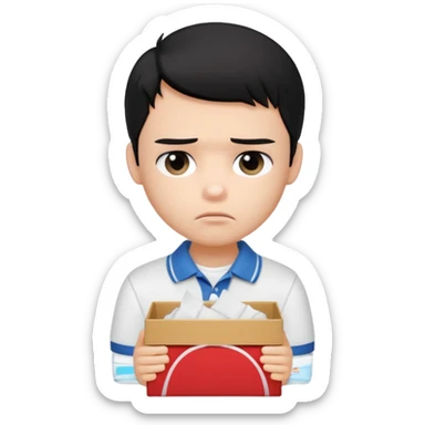 generate a pretty bratz boy with black hair, wearing a plain white polo shirt. Looking sad, holding a box of tissues sticker