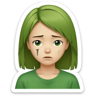 Chica joven con el pelo liso y dañado, descuidado, camiseta verde, con cara triste y desanimada sticker