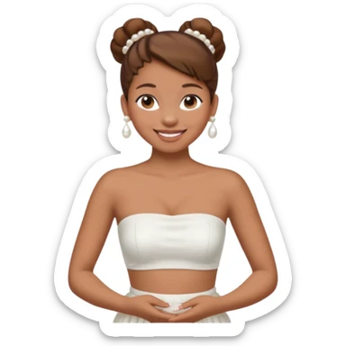 Full body, Light brown skin girl, brown hair in bun, smiling, white strapless tube top, pearl earrings sticker