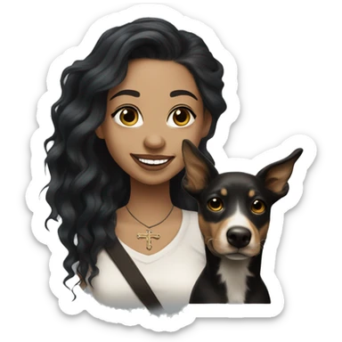 light skin woman with a face tattoo of a small cross near her eye and long wavy black hair expressing joy alongide a white and brown miniature kelpie sticker
