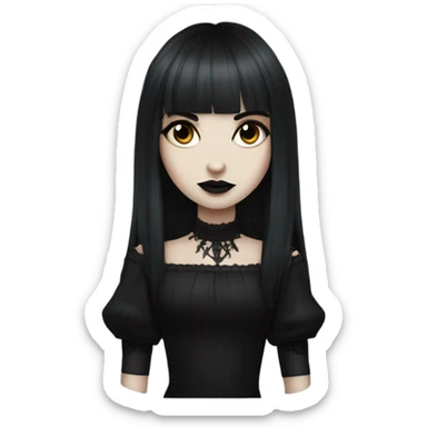 portrait one single goth women with pure white skin, dark hair, long hair, short bangs, dark makeup, gothic detailed dress bell arms  sticker
