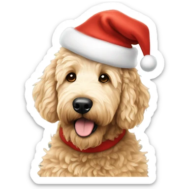 Golden doodle with a Santa hat sticker