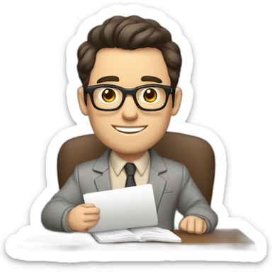 Pale skinned Fit Man With dark brown hair in gray jacket, beige office shirt and vintage glasses sitting In a soft chair with a notebook with emblem Ψ and a pen in his hands sticker