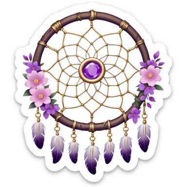 A white Dreamcatcher with purple-round-orb-stones, gold-ring-accents, purple tint flowers, pink sakura flowers, sticker