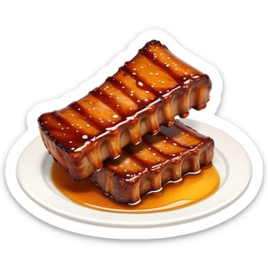 Honey Glazed BBQ Ribs Cinematic Realistic Honey Glazed BBQ Ribs Dish Emoji, depicted as a small portion of tender, honey-glazed ribs with a sticky, smoky finish, rendered with rich textures and warm, dynamic lighting. sticker