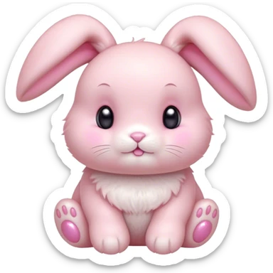 Cinematic adorable pastel pink bunny, chubby cheeks, tiny paws, sparkling round eyes, soft fur with a gentle glow, slightly tilted head, wearing a tiny bow, irresistibly cute and heartwarming. sticker