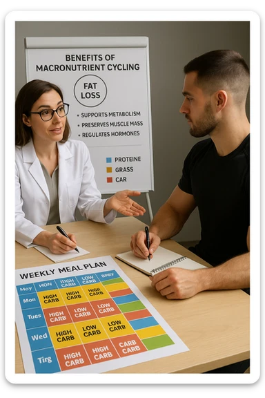 a nutritionist explains to an athlete how to cycle macronutrients for fat loss and training. On the desk, a weekly meal planner shows alternating high-carb and low-carb days, with color-coded sections for proteine, grassi, and carbo. The athlete takes notes, and a chart in the background illustrates the benefits of nutrient cycling. The mood is professional and educational. scritto in italiano sticker