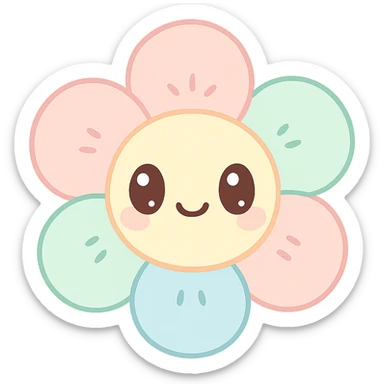 a kawaii plush flower, chubby petals, embroidered details, and a happy face sticker