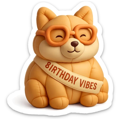 Shiba Inu wearing a "Birthday Vibes" sash and glasses, cushion style, transparent background sticker