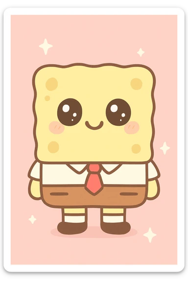 SpongeBob SquarePants, kawaii style, cute yellow sponge, big eyes, white shirt, red tie, brown shorts sticker