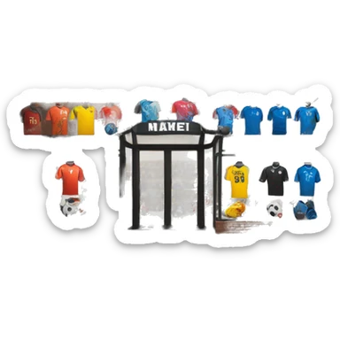 “Soccer store exterior with bold signage, large windows showcasing football gear, jerseys, and accessories, and a dynamic, athletic design reflecting the energy of the sport.” sticker