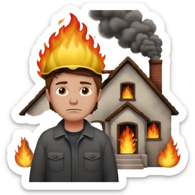 sad man standing with a house on fire behind him, more smoke, apple style emoji sticker