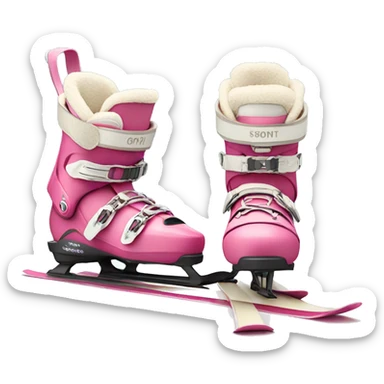 Pink ski boots and cream standing skis behind boots sticker