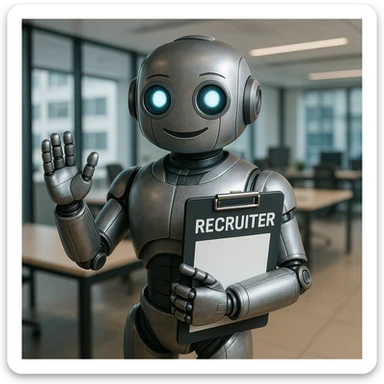a friendly recruiter robot, professional, metallic, with a clipboard, in a modern office setting sticker