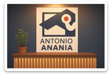 su questo stile fai un manga/webtoon a colori in cui mostri quella parete dietro dello studio con il suo logo e la scritta "ANTONIO ANANIA" SOTTO IL LOGO, LUCE CHE ILLUMINA IL LOGO sticker