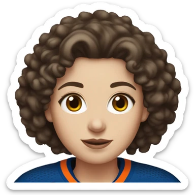 white woman with dark brown curly hair wearing an Edmonton oilers jersey sticker