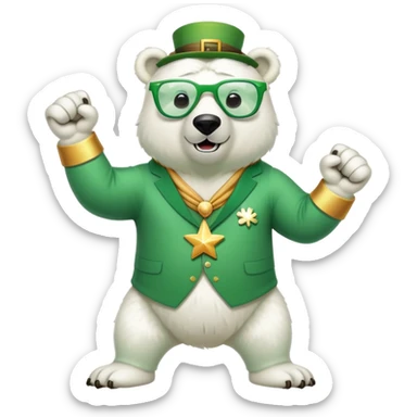 full body friendly anthropomorphised polar bear wearing oversized colorful star glasses and festive St. Patrick's Day outfit doing a fist pump sticker