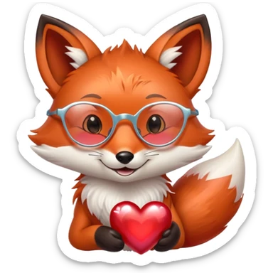 A dreamy fox with iridescent fur, a glowing tail, a silver star on its forehead, and round glasses, hugging a big red heart and smiling warmly sticker