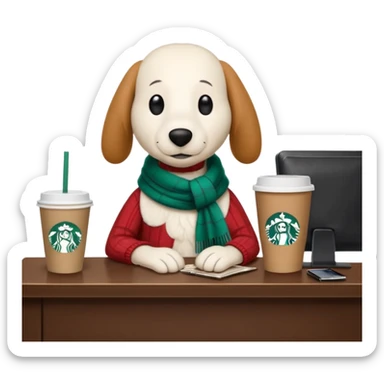 snoopy in a desk with starbucks and his chanel purse sticker