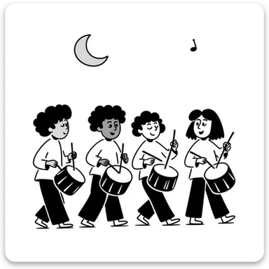 group waking up the neighborhood for sahur with drums, crescent moon in background sticker