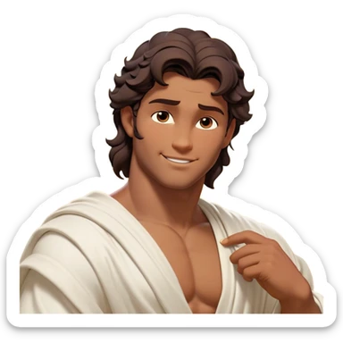 Cinematic Realistic Hercules Portrait, head tilted playfully and inquisitively, showcasing a charming blend of Disney heroic charisma and the refined grace of Michelangelo's David. His sun-kissed bronze skin and thick, wavy dark hair are rendered with classical precision, complementing a warm, inviting smile and sparkling, mischievous eyes. Clad in a softly draped white robe with subtle golden details, he exudes approachable strength under gentle, natural lighting. sticker
