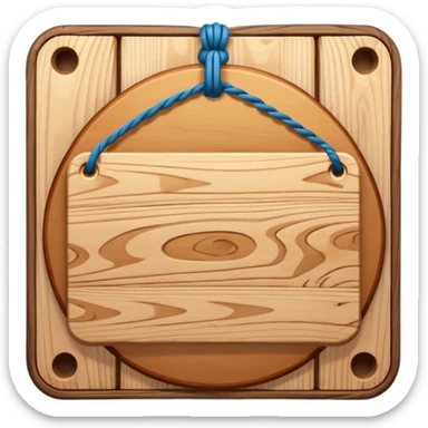 3D cartoon style wooden hanging signboard, smooth polished wood texture, rounded edges, detailed wood grain, thick twisted ropes going through holes on both sides, hanging rope knots visible sticker