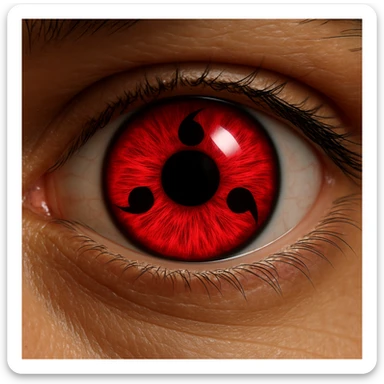 sharingan eye, realistic, intense red, glossy effect, sharp black tomoe, close-up view sticker