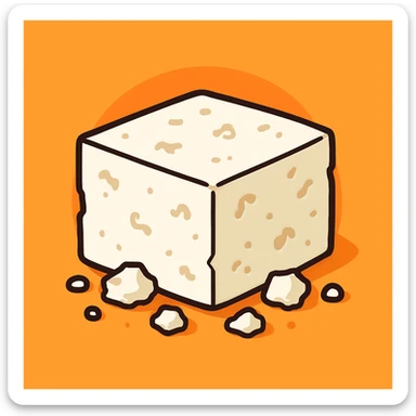 feta cheese, cartoon style, white crumbly cheese in a small block with a few crumbles, simple background sticker