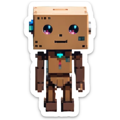 Danbo robot with square head, simple face, standing on wooden floor in a warmly lit room, pastel palette, soft shadows, cozy cartoon look sticker