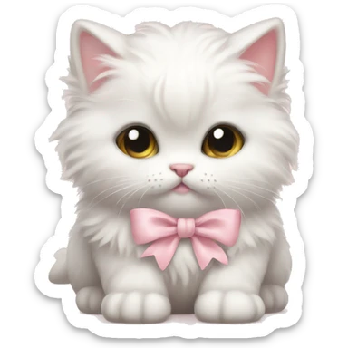 white fluffy chubby kitten with pale pink bow sticker