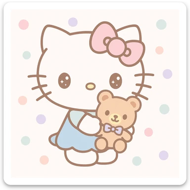 Hello Kitty holding a teddy bear, kawaii illustration style sticker