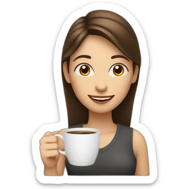 white young brunet woman with face visible nervous smile  and eyes wide open holding a cup of coffee sticker