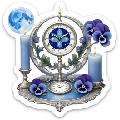 An enchanting, mystical setting where blue pansies, tinged with streaks of light blue, bloom beneath a radiant silver crescent moon. A pearl-colored candle stands on an ornate silver plate, its wax melting into swirling patterns resembling planetary orbits. The background features an astrological clock, its delicate hands tracing cosmic cycles as faint zodiac constellations shimmer against a twilight sky. Floating celestial charts inscribed with ancient symbols weave through the air, illuminated by the soft blue glow of distant stars. A mystical aura surrounds the scene, as if whispering secrets of destiny and the universe’s grand design. sticker