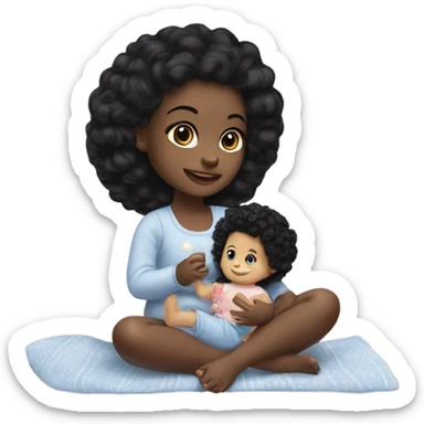 Black girl with black hair playing with baby doll sticker