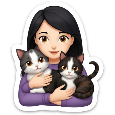 happy girl with black hair hugging three cats  (dark calico cat, gray cat, brown calico cat) sticker
