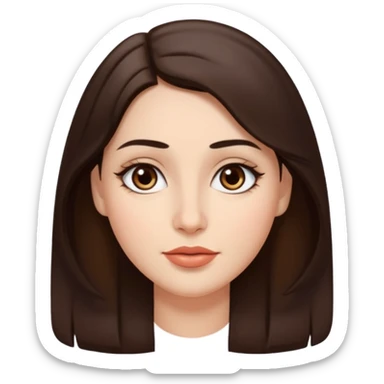 A woman emoji with fair skin, slightly wavy dark brown hair parted in the middle, an oval-shaped face, arched dark eyebrows, almond-shaped brown eyes, a small straight nose, and full lips. sticker