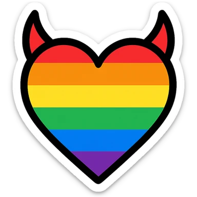 minimalist devil heart icon, thin black outline heart with two horns, filled with a bold rainbow gradient, pride theme sticker