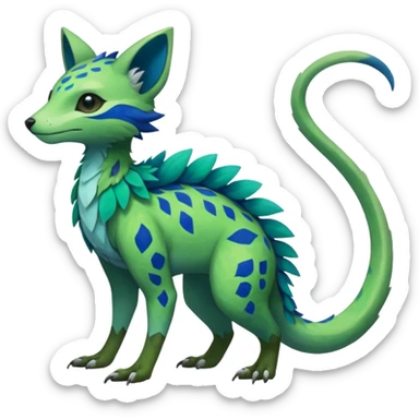  Greenish beautiful handsome gorgeous aesthetic colorful vibrant Vernid-Trico-species-Fakemon-creature by LiLaiRa, 4 legs, 1 tail, random markings, (full body) sticker