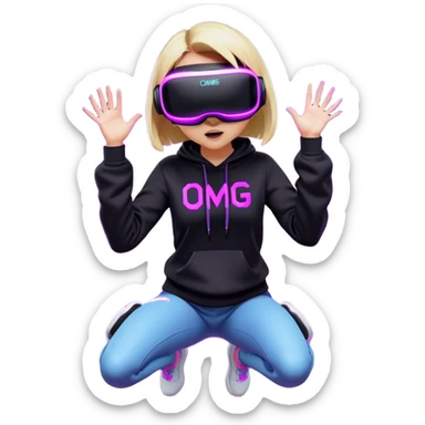 fair-haired girl with a bob girl wearing black hoody with violet letters "OMG", in vr headset oculus quest2. jumping. Cyberpunk style. Violet neon. sticker