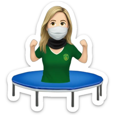 Victoria Coren-Mitchell on a trampoline with the Real IRA Gerry Adams balaclava party sticker