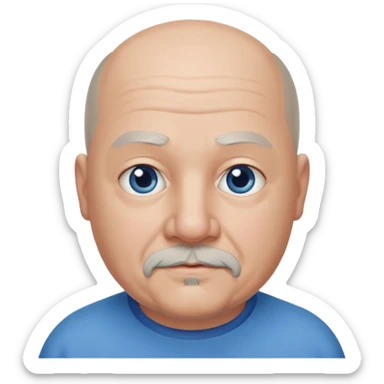 75, goatee, bald, grey side hair, chubby, blue eyes, chin hair sticker