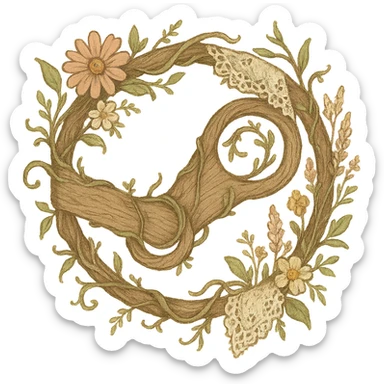 Whimsical cottagecore Steam logo: logo made of twining vines and wood, with lace and wildflowers woven in, soft earthy colors, no text sticker