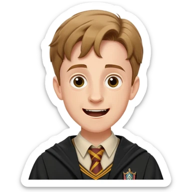 Hugh Mitchell is Colin Creevey in harry potter, wear hogwarts uniform,  Short light brown hair, small and skinny, wide mouth, with a perpetual look of excitement on his face. sticker