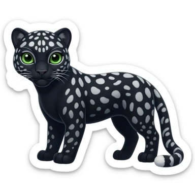 Black Snow Leopard-Panther-hybrid-animal-creature with white stripes and spots and splotch markings, with green eyes sticker
