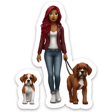 Beautiful tattooed  burgundy long haired woman walking a boxer puppy sticker
